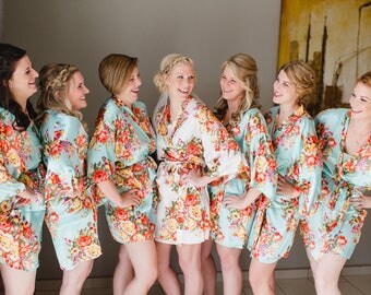 Floral Robes, Set of 9, Floral Satin Robe, Silk Floral Robes, Bridesmaids Gifts, Wedding Party, Bridal Party Robes, Silk Bridesmaids Robe