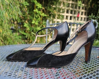 Vintage Kurt Geiger 1970s Black High-Heel T-Bar Shoes -Leather Suede Stilettos - Vintage Shoes - Size 6