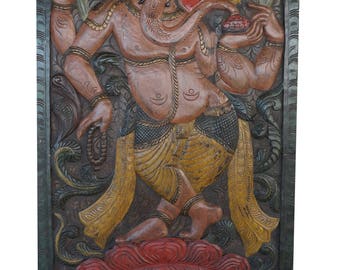 Meditation Yoga Barn Door Vintage Carved Ganesha Lord of Prosperity, Wisdom Wall Sculpture, Panel Zen Decor