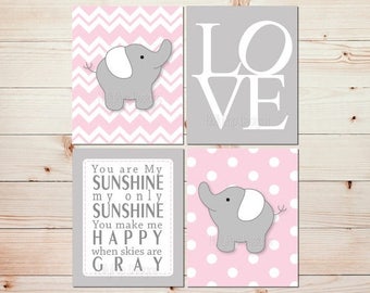 Pink Gray Nursery Art Elephant Nursery Prints Pink Nursery Wall Decor Toddler Girls Room Art You are My Sunshine Wall Decor LOVE print 0721