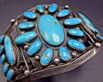 Heavy 76g Vintage NAVAJO Sterling Silver & TURQUOISE Cluster Cuff BRACELET