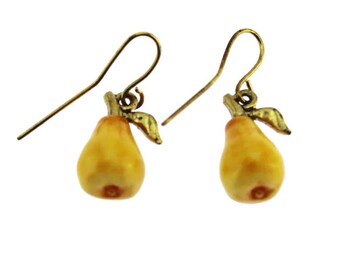 Yellow Pear Earrings, Pear Dangle Earrings, Fruit Dangle Earrings, Vintage Fruit Earrings
