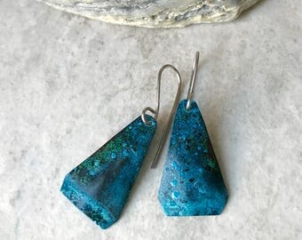 Forged copper earrings, blue copper patina jewelry metal earrings, rustic copper earrings, hammered artisan metalwork jewelry, handmade