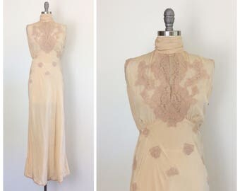 40s Peachy Pastel Silk & Lace Slip / 1940s Vintage Boudoir Floor Length Night Gown / Large / Size 12