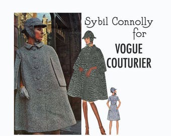 1970s SYBIL CONNOLLY Vogue Couturier Design Cape, Ear-Flap Hat and Mod A-Line Dress Vogue 2402 Bust 34 Size 12 UNCUT Womens Sewing Patterns