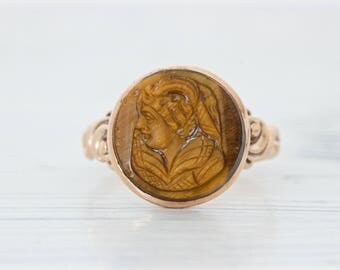 Antique Victorian Ring | Tigers Eye Ring | Antique Cameo Ring | Signet Ring | 10k Rose Gold Ring | Mens Pinky Ring | Boho Ring | Size 7.75