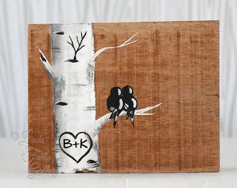 Rustic Wood Sign Reclaimed Wood Art Love Bird Painting Aspen Tree Painting Initials 5th Anniversary Gift Custom Wedding Gift for Couple