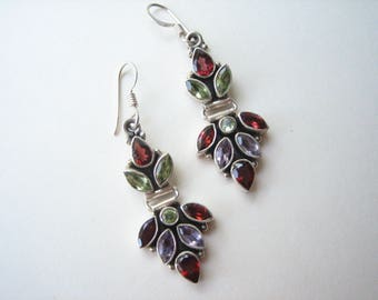 Sterling silver multi gemstone earrings, garnet earrings, peridot earrings, amethyst earrings, multigem earrings, gemstone, semi precious
