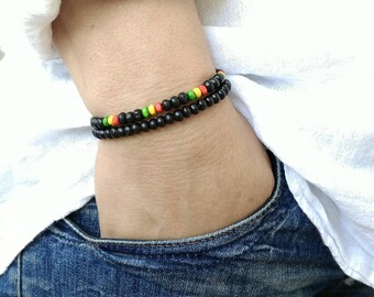 Mens Bracelet Perle Homme Men Bracelete Couple Rasta Bracelet Perle Homme Couples 4 mm GANJA RASTA Bob Marley Sandalwood Bracelet Set of 2