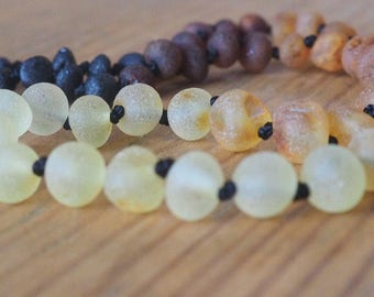 SET Baltic Amber Teething Necklace for Mother and Baby unpolished multicolored beads rainbow pattern