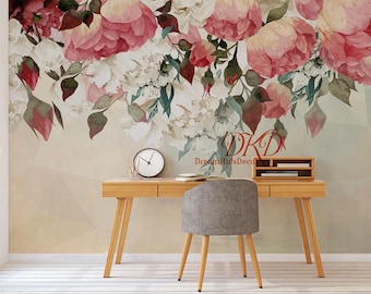 Large Peony Flowers Mural, Self-adhesive Wallcoverings, Vintage Watercolor Floral Wallpaper, Nursery Decor, Wall Mural Art, Wall Stickers
