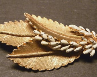 Burnished Gold metal Leaf Brooch/pin with white seed stones