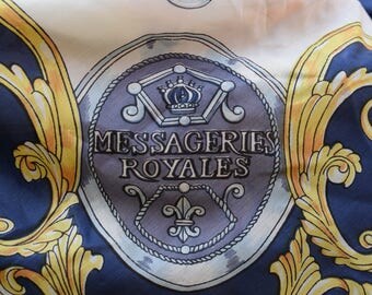 Silk Headscarf Vintage 1940s French Rolled Hem Messageries Royale Poste Aux Chevaux Stagecoach Horses Navy Blue