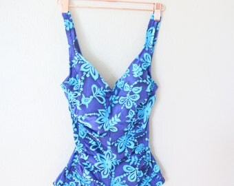 vintage 1970's blue turquoise floral one piece swimsuit womens