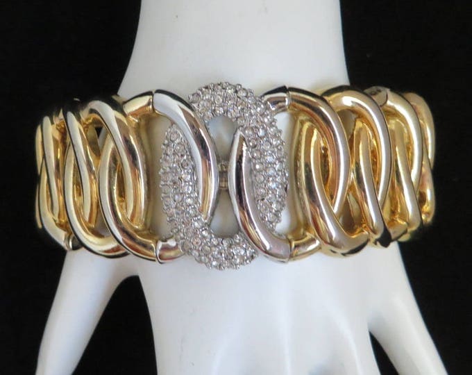 Goldtone Stretch Bracelet, Wide Expansion Bracelet, Rhinestone Studded Bracelet, Link Bracelet, FREE SHIPPING