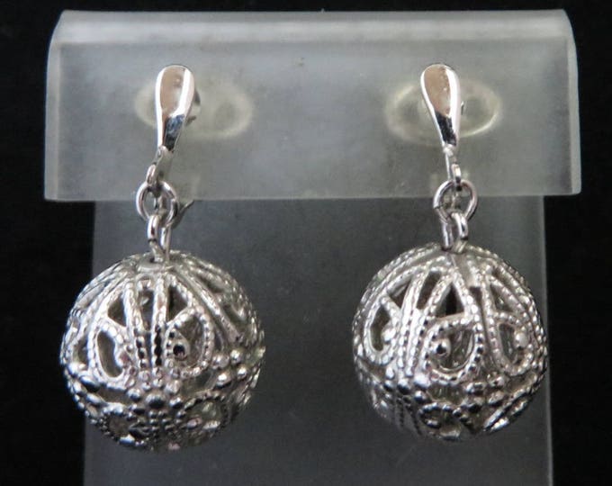 Trifari Dangling Ball Earrings | Vintage Filigree Clip-ons | Signed Designer Silver Tone Earrings