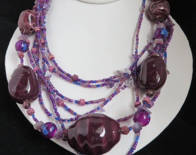 Vintage Purple Multi-strand Necklace | Barrel, Seed Bead Necklace | Boho Jewelry