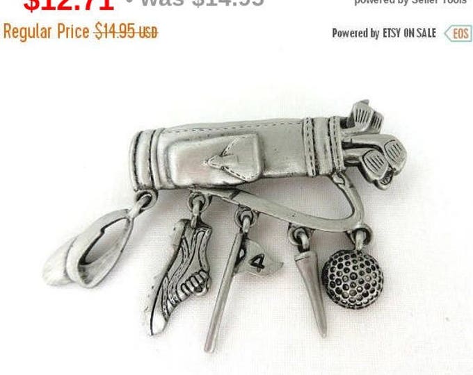 Vintage JJ Golf Bag Brooch, Pewter Pin, Dangling Golf Accessories
