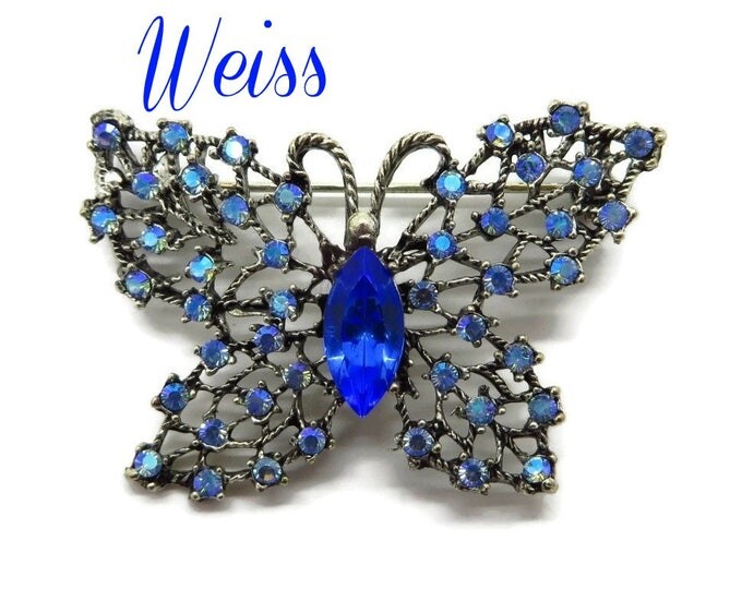 Butterfly Brooch Weiss Blue Rhinestone Butterfly Brooch - Vintage Signed Designer Butterfly Pin
