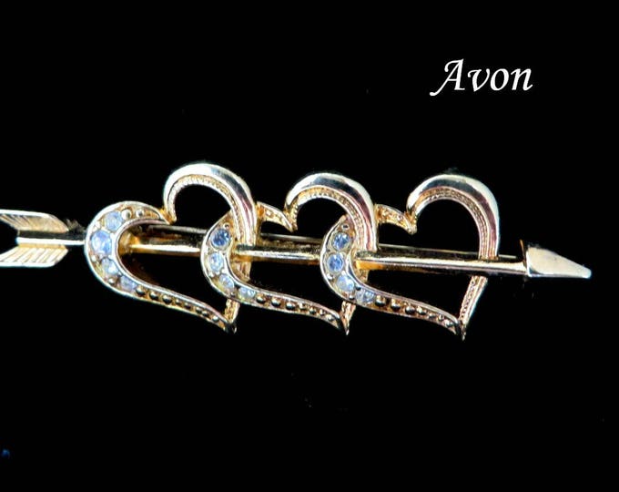 Rhinestone Hearts Brooch, Vintage Pin, Signed Avon Hearts Brooch, Triple Heart and Arrow Rhinestone Studded Pin, Gift for Her