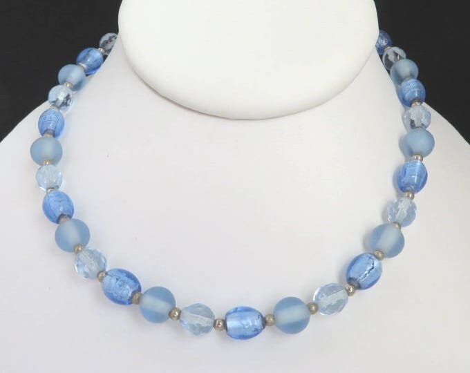 Vintage Blue Beaded Necklace - Filene's Jewelry Choker, Glass, Plastic, Metal Beaded Necklace, Gift for Her, Gift Boxed
