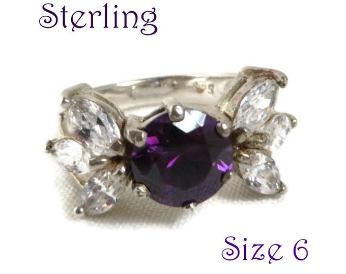 Sterling Silver Butterfly Ring - Vintage Amethyst, CZ Cocktail Ring, February Birthstone, Gift idea, Gift Boxed, Size 6