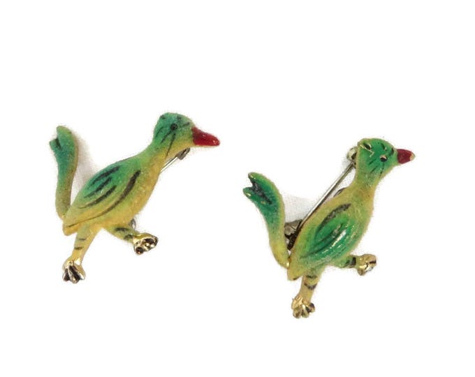 Roadrunner Brooches - Vintage 1950s Korea Green and Yellow Roadrunner Brooch Pair, Gift for Her