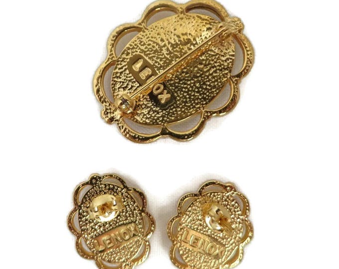 Lenox China Brooch, Earrings - Vintage Blue Dot Ivory China Demi Parure, Gift for Her, Gift Boxed