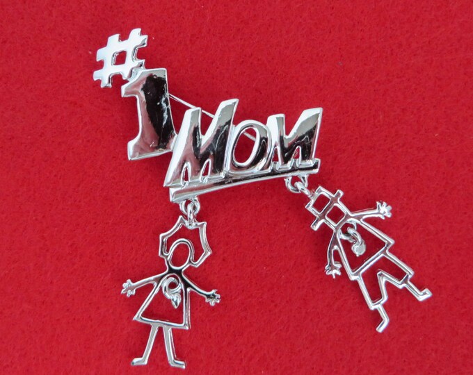 Vintage Mom Brooch - Signed AJC #1 Mom Silver Tone Pin, Dangling Kids Pin, Gift for Her, Gift Boxed