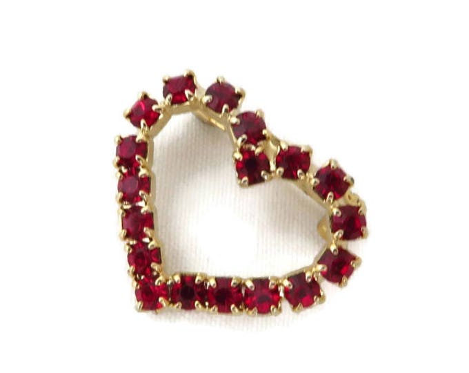 Red Rhinestone Heart Brooch - Vintage Gold Tone Petite Heart Pin, Valentine Pin