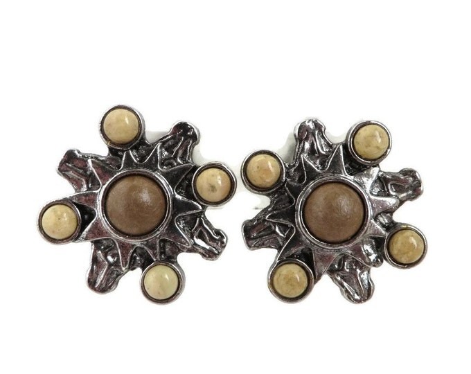 Vintage Earrings, Silver Tone Brown Bead Earrings, Signed Robert Rose Clip-on Earrings, 70s Retro Jewelry