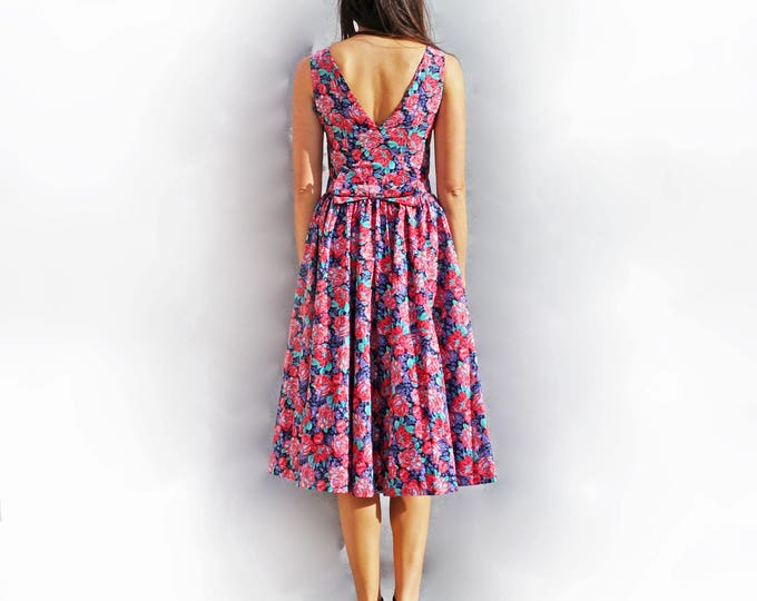 50s Floral Dress, Vintage Laura Ashley Dress, Pink Floral Dress, Full Skirt Dress, Day Dress, 50s Cotton Dress, Fit + Flare Dress, Midi Gown