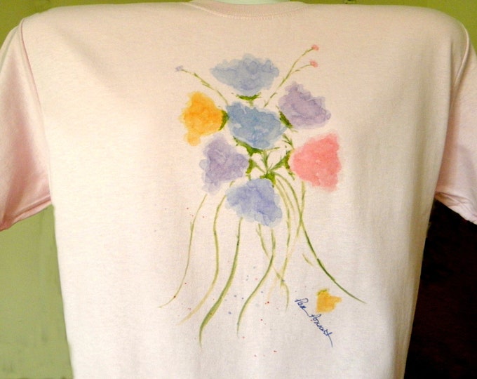 SPRING FLOWERS cotton T-shirt: Crew neck style, unisex sizing, featuring the watercolor art of Pam Ponsart of Pam's Fab Photos