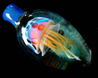 Flat Jellyfish Pendant - Rainbow Gold - Weelainy Lampworked Glass - Boro Borosilicate (W10)