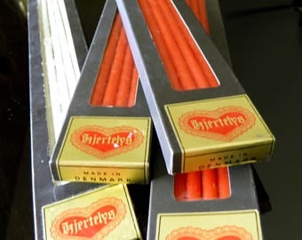Four Boxes of 12 Mid Century Hjerte Lys Tiny Taper Candles--3 Boxes of Red, 1 Box of White--Never Used--In Original Boxes