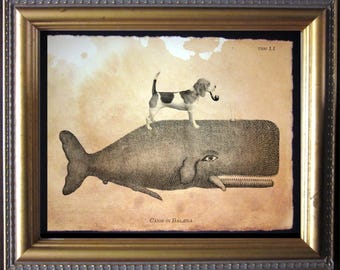 Beagle Dog Riding Whale - Vintage Collage Art Print on Tea Stained Paper - Vintage Art Print