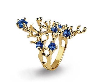 SALE 20% Off - REEF Blue Sapphire Ring, Gold Sapphire Ring, Gold Statement Ring, Organic Ring, Sapphire Ring Yellow Gold, Sea Inspired Jewel