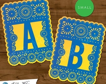 Small Blue & Yellow Papel Picado : Printable Banner All Letters 0-9 numbers