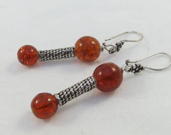 Sterling Silver Amber Glass Beads Dangle Earrings