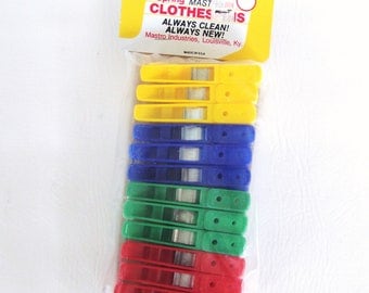 ON SALE Vintage Plastic Clothes Pins Metal Spring Clothespins Laundry Room Clothesline Hanging Clothes Crafting Decor Primary Colors