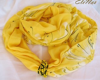 Hand painted viscose yellow infinity scarf-ring with chrysanthemum - Handpainted Boho style scarf-snood with white flowers - Fall accessory