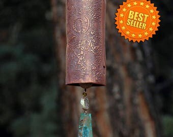 Wind Chimes Garden Bell Handmade Ceramic Bird Sculpture Garden Art Patina Copper Wind Sail Chime Pottery Starburst Pattern IN STOCK!