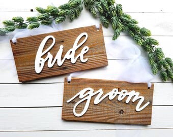 Bride Groom Chair Signs Laser Cut Chair Signs Reclaimed Wood Sign Wedding Chair Signs Rustic Chair Signs white bride groom signs 3D signs