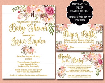 Floral Baby Shower Invitation, Books for Baby, Diaper Raffle ticket and sign package, Peach, pink gold Baby Shower printable, Boho  029