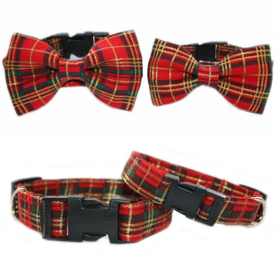 Festive Red Check Scottish Tartan Dog Bow Tie Collar Puppy