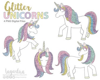 Pastel GLITTER Unicorn Clip art, head, runing, mint, purple, pink, blue, png elements for party decoration
