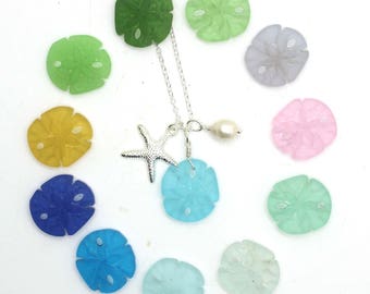 Beach Glass Necklace 12 Colors, Sand Dollar Necklace, Silver Starfish, and Pearl Necklace - Beach Wedding, Bridesmaids Gifts, Beach Jewelry