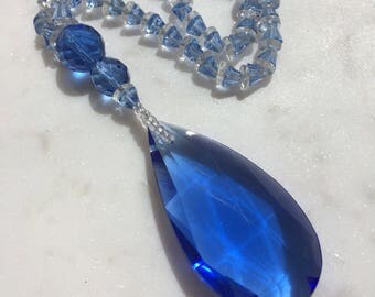 1920's Art Deco Blue & Crystal Glass Long Necklace