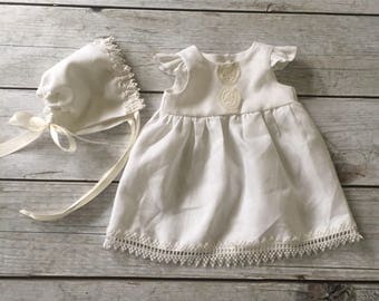Linen Christening Gown, Infant Linen Baptism Dress, Blessing Gown, Vintage Lace Newborn Dress, Heirloom Baby Gown, Flutter Sleeve Blessing