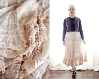 Vintage tea stained cotton ruffle lace prairie romantic gauze skirt